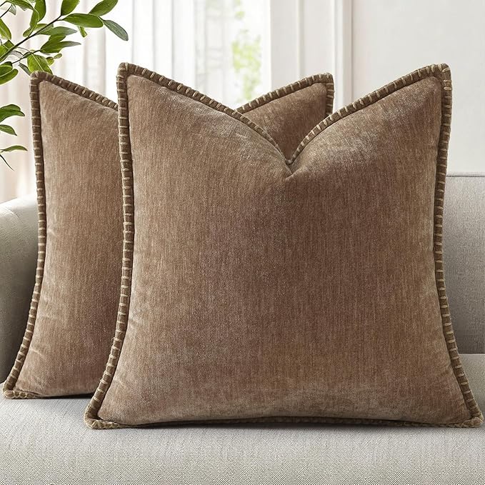 decorUhome Soft Chenille Throw Pillow Covers 18x18 Set of 2 Brown | Fall Textured Decorative Throw Pillow Cases Stitched Edge Modern Farmhouse Luxury Boho Velvet for Couch Sofa Bed Home Decor