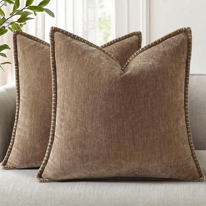 decorUhome Soft Chenille Throw Pillow Covers 24x24 Set of 2 Brown | Fall Textured Decorative Throw Pillow Cases Stitched Edge Modern Farmhouse Luxury Boho Velvet for Couch Sofa Bed Home Decor
