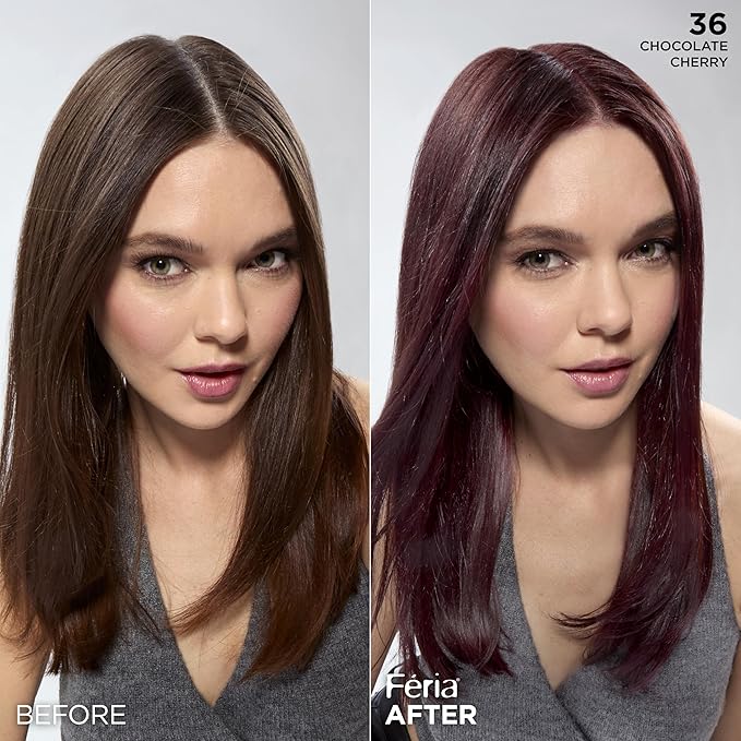 L'Oreal Paris Feria Multi-Faceted Shimmering Permanent Hair Color, 36 (Chocolate Cherry) Deep Burgundy Brown, Pack of 1 Hair Dye Kit