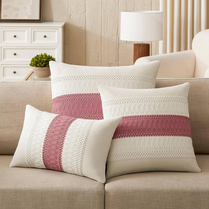 2 Pack Boho Throw Pillow Covers, Contrast Dusty Pink 26x26in | Soft Breathable Cotton, Farmhouse Decorative Couch Pillow Cases, Cushion Covers for Sofa Bed Living Room Home Decor