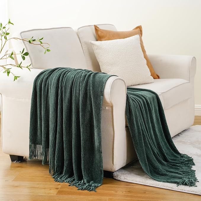 BATTILO HOME Dark Green Throw Blanket for Couch, 60"x80" | Soft Chenille Knit Throw Blanket with Tassels for Christmas Decor, Christmas Green Blanket for Bed Couch Cover