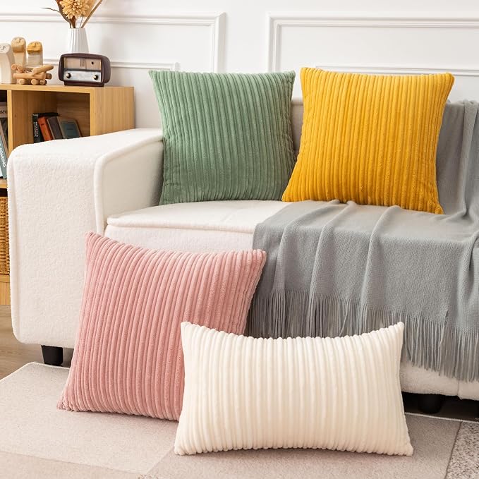 UGASA Soft Striped Throw Pillow Covers Solid Corduroy Decorative Square Set Cushion Cases Pillowcases for Couch Sofa Bedroom, 1 Pack, 24x24 Inch, Cream