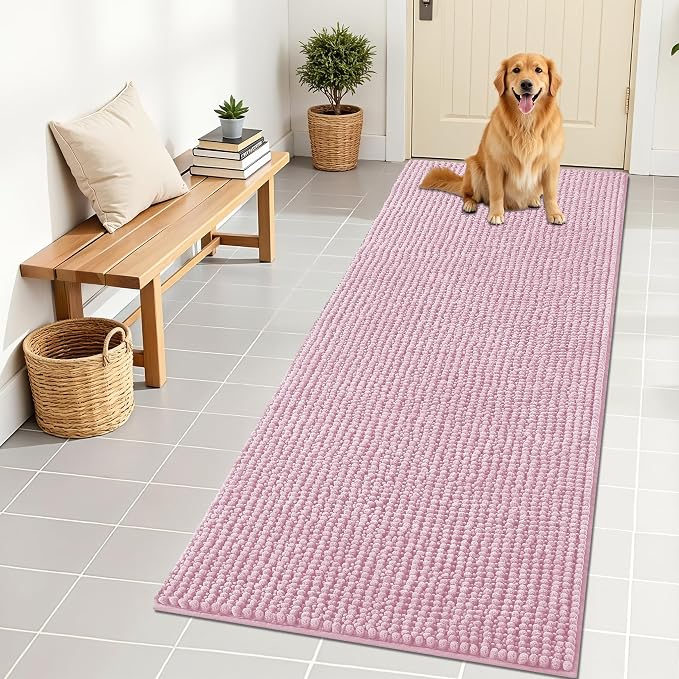OLANLY Dog Door Mat for Muddy Paws 70x24, Extra Absorbent Chenille Mud Mat | Dusty Rose, Absorbs Moisture and Dirt, Non-Slip Machine Washable Doormat, Quick-Drying Indoor Entryway Floor Mat for Dogs