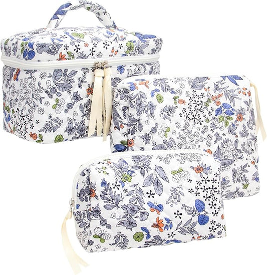 PAZIMIIK 3PCS Makeup Bag SET Large Travel Quilted Zipper Soft Cosmetic Case Pouch for Women Girls Make Up,Leaf White
