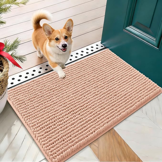 OLANLY Dog Door Mat for Muddy Paws 24x16, Extra Absorbent Chenille Mud Mat | Peach, Absorbs Moisture and Dirt, Non-Slip Machine Washable Doormat, Quick-Drying Indoor Entryway Floor Mat for Dogs