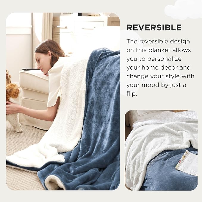 Bedsure GentleSoft Sherpa Fleece Cal King Blankets for Bed, Non-Heated, Thick and Warm Oversized Throw for Women and Men, Soft Fuzzy Plush Large Blanket for Winter, Slate Blue, 112x98 Inches