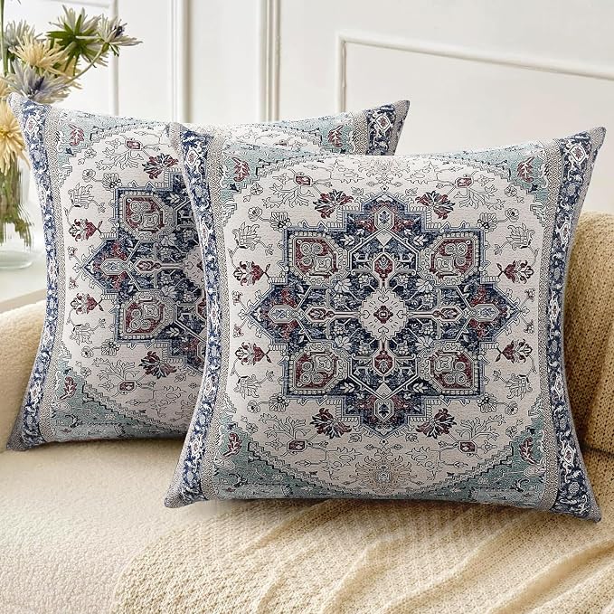 Boho Throw Pillow Covers 22x22 inch Set of 2,Soft Pillowcases Bohemia Carpet Printing Pattern Decorative Sofa Living Room Bed Square Pillow Case Cushion Cover-Blue Cyan