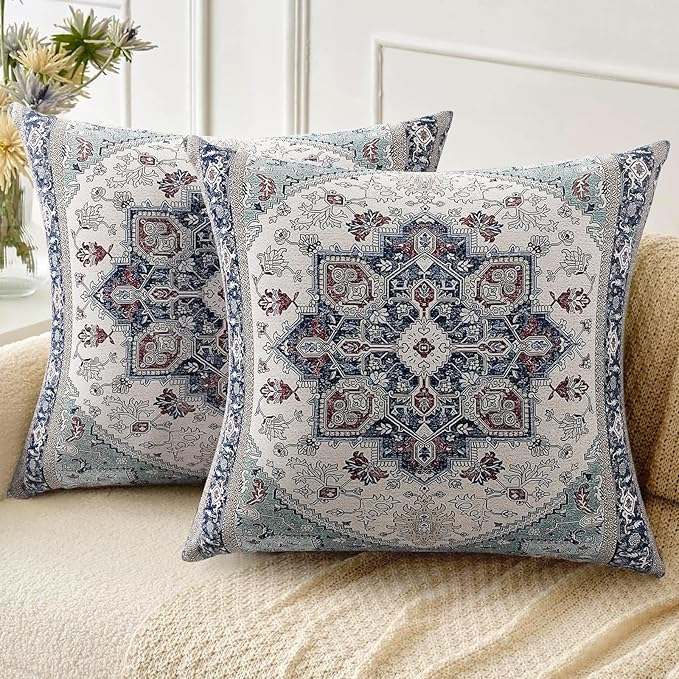 Boho Throw Pillow Covers 24x24 inch Set of 2,Soft Pillowcases Bohemia Carpet Printing Pattern Decorative Sofa Living Room Bed Square Pillow Case Cushion Cover-Blue Cyan
