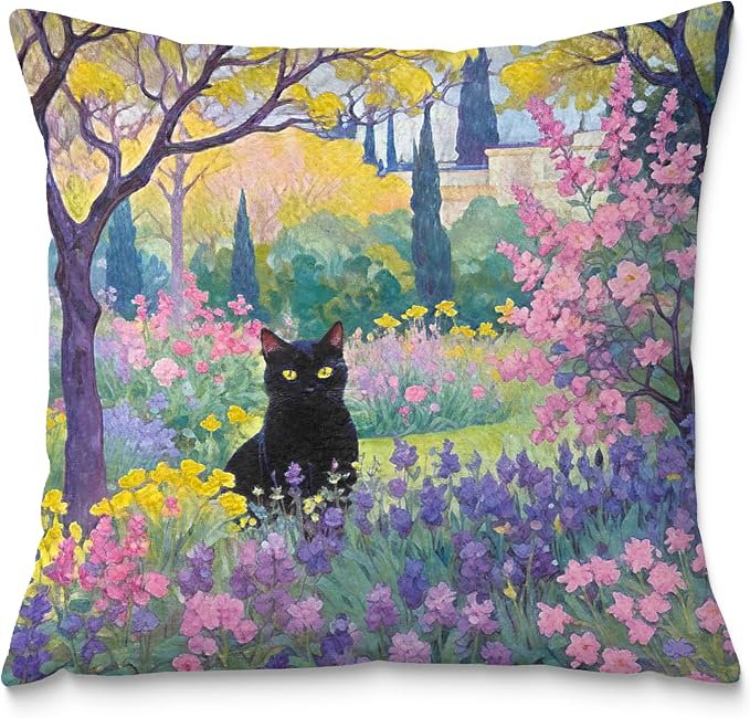 Spring Garden Black Cat Pillow Covers 18x18, Cats Lovers Lady Gifts, Cat Mom Grandma Gifts, Vintage Floral Cats Decorative Pillow Covers for Home Bedroom Living Room Office Decor