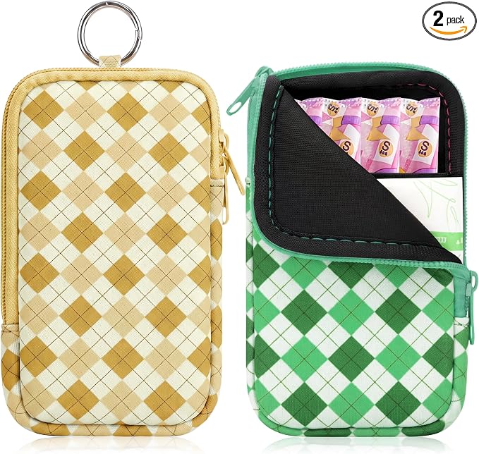 KJQJLY 2 Pack Portable Tampon Organizer Bag Tampon Holder & Storage Case with Zipper for Travel, Discreet Period Bag for Purse, Waterproof Feminine Products Pouch for Women (Yellow and Green Lattice)