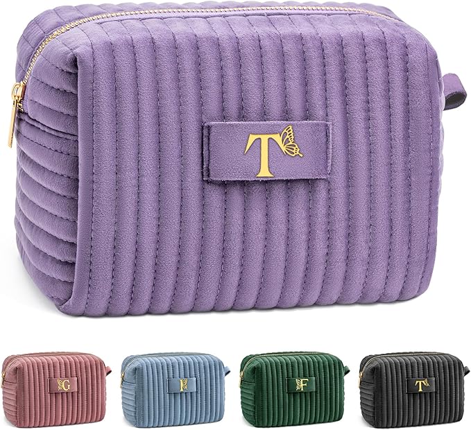 COSHAYSOO Sister Birthday Gifts for Women Best Friend Bestie Friendship Fashion Makeup Bag Make Up Cosmetic Pouch Travel Size Toiletries Skin Care Essentials Organizer Purple Velvet Initial Letter T