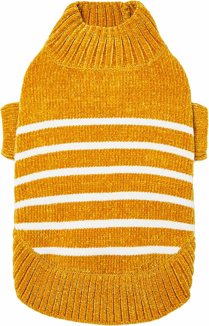 Blueberry Pet Cozy Soft Chenille Classy Striped Dog Sweater in Mustard, Back Length 18", Pack of 1 Clothes for Dogs
