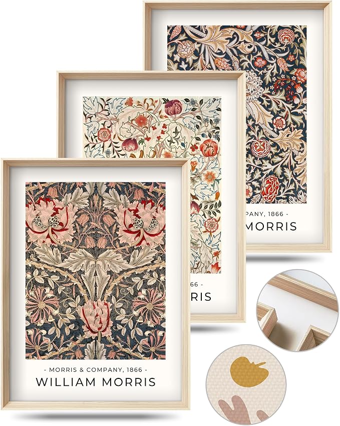 HesenDot William Morris Vintage Framed Wall Art, Floral Canvas Prints | 12x16IN Set of 3, High Framed Design Prints, Vintage Floral Pattern Wall Decor for Living Room Bedroom Bathroom