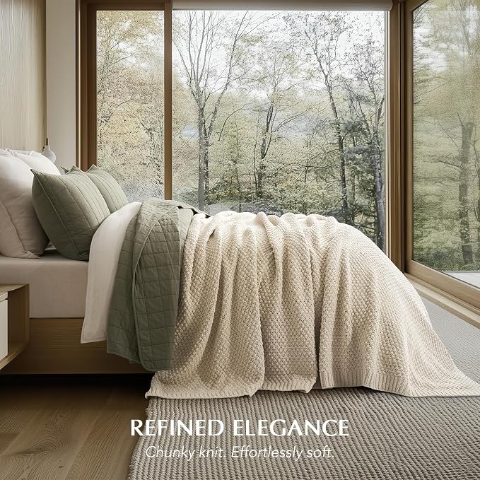 EVERGRACEHOME Chunky Chenille Knit Throw Blanket, 108x92, Beige | Sculpted Moss Stitch, Chic Modern Farmhouse, All-Season Warmth, OEKO-TEX® Certified, Oversized King for Couch, Bed, Sofa