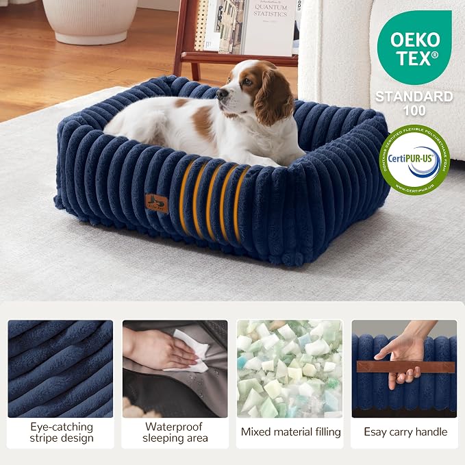 Washable Dog Bed Small Medium Size Dog, Rectangle Orthopedic Pet Bed for Car and Indoor,Fluffy Memory Foam Dog Beds with Anti-Slip Bottom,25 x21 x8 Inches,Navy
