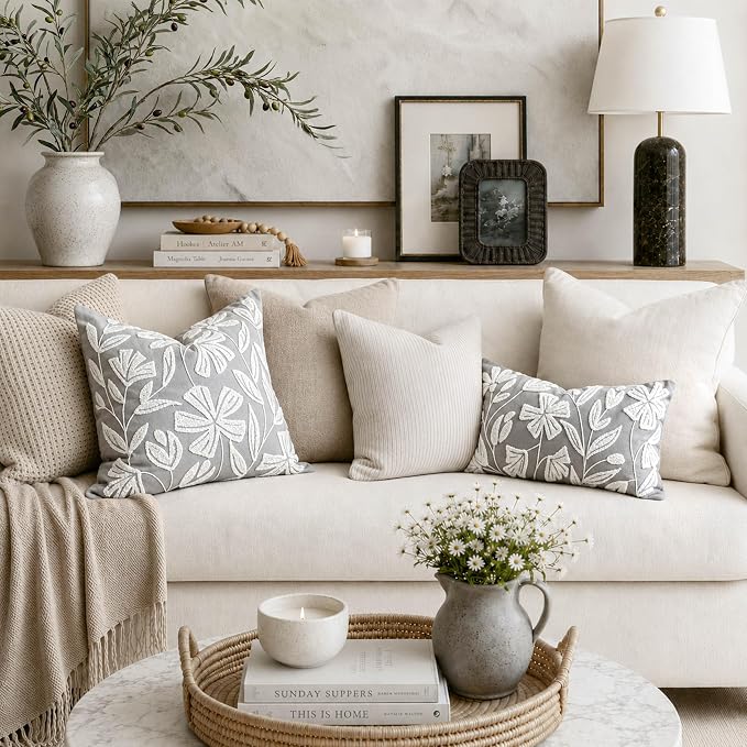 Throw Pillow Cover 20x20 Inch, Light Gray Floral Tufted Velvet Decorative Accent Pillow Case for Sofa Bed Living Room, Cover Only