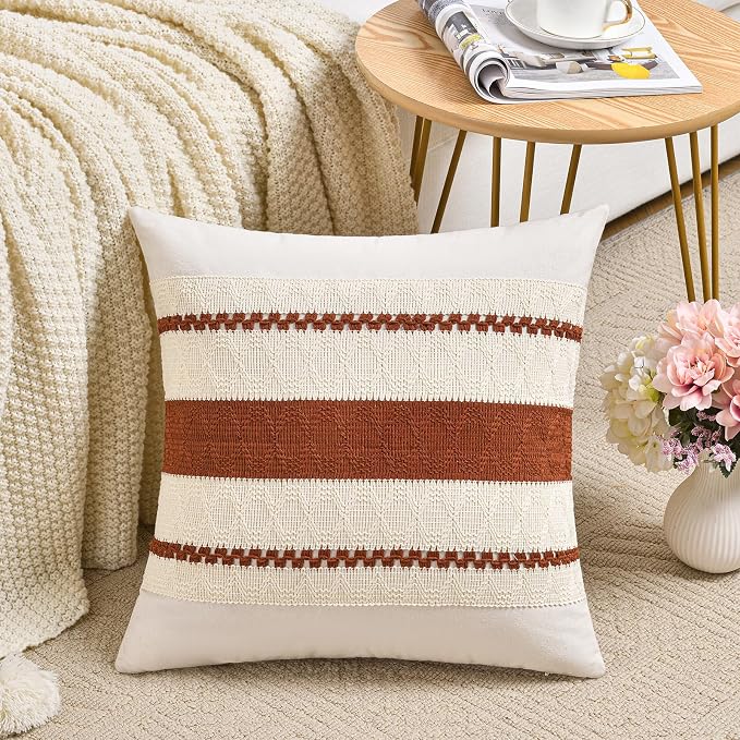 Fancy Homi Set of 2 Rust Boho Decorative Throw Pillow Covers 16x16 Inch for Couch Bed Sofa, Aesthetic Modern Organic Fall Room Decor, Soft Cotton Cute Terracotta Textured Farmhouse Cushion Case