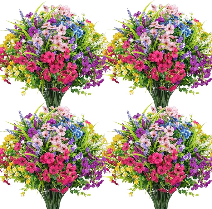 24 Pcs Mixed Artificial Flowers for Outdoors Home Decorations | Fake silk flowers, plastic plants, faux lavender, UV resistant for garden patio window box office table kitchen home decor
