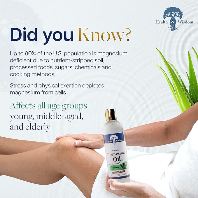 Health & Wisdom Pure Magnesium Oil with Aloe Vera - Topical Muscle & Joint Relief- Natural and Pure Skin Moisturizer - Enhanced Absorption - 12 fl oz