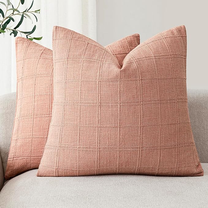 Foindtower Set of 2 Decorative Linen Check Throw Pillow Covers Neutral Farmhouse Vintage Cushion Covers Modern Boho Accent Home Decor for Sofa Chair Couch Bedroom Living Room,18×18 Inch,Coral Pink