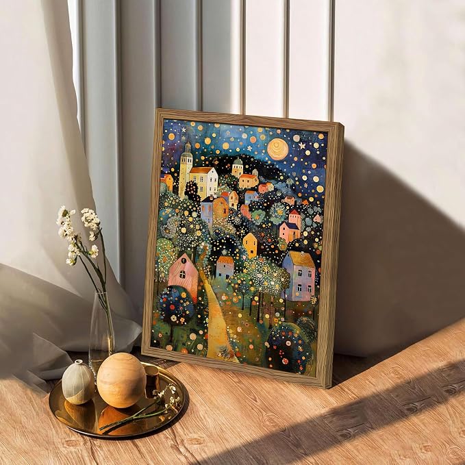 Abstract Moon Stars Tree Framed Canvas Wall Art – Vintage Gustav Klimt Style Oil Painting Print, Village Night Landscape Decor for Living Room Bedroom Nursery Office 12x16 inch