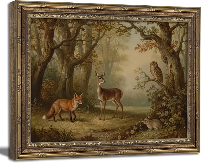 Vintage Gold Framed Wall Art Moody Woodland Animals Wall Art Whimsical Forest Deer Fox Rabbit Owl Wall Decor Picture Cottagecore Rustic Nature Landscape Poster Print for Living Room Bedroom 9x11in