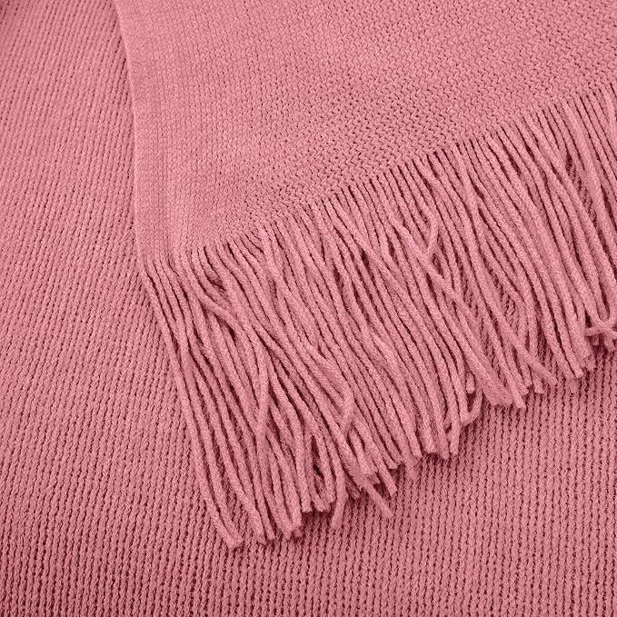 Vonty Dusty Pink Knitted Throw Blanket with Tassels Fringe, 50x60 Acrylic | Super Soft And Lightweight, Year-Round Cozy Warmth, Farmhouse Decorative Style, Machine Washable, for Couch, Sofa or Bed