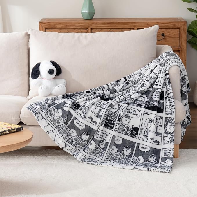 Berkshire Blanket Peanuts® VelvetLoft® Cute Character Snoopy Plush Oversized Throw Blanket, I'm Up! Peanuts Comic Strips White (50in x 60in)