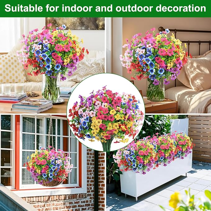 24 Pcs Artificial Flowers for Outdoors Decorations, Multicolor | Colorful lifelike flowers, UV resistant, faux plastic plants, for garden porch window table vase home indoor outdoor decor