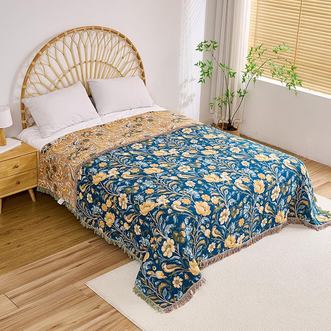 VANJOROY Boho Throw Blanket, 100% Organic Cotton Breathable Ultra Soft 60" x 80" Bed Quilt Blue Throw - All Season Bird Floral Rustic Farmhouse Decor Reversible Blanket for Couch Chair and Gift