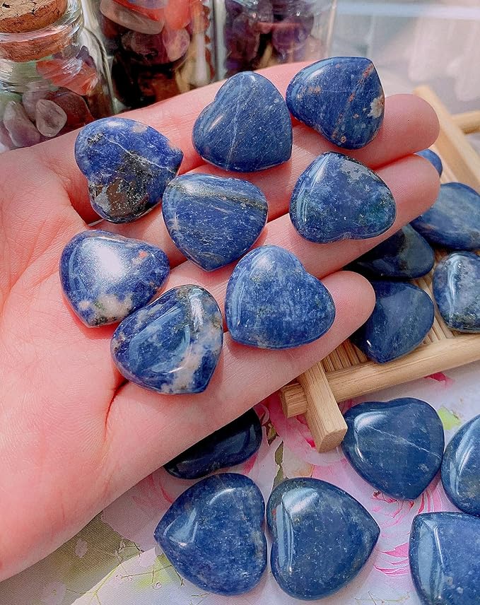 QINJIEJIE 20 PCS Sodalite Heart Crystals Natural Healing Crystal Polished Pocket Stones Mini Cute Palm Love Gemstones Set Bulk Wholesale Reiki Energy Balancing Meditation Valentine's Day Gift