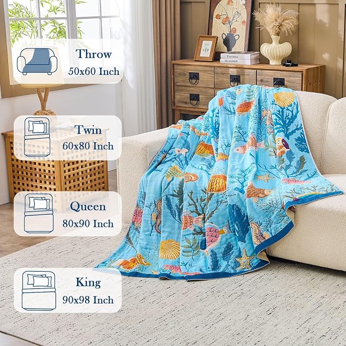 XIBLC Boho Throw Blanket 100% Cotton Vintage Blanket Muslin Woven Flower Decorative Throw Blankets All Season Bohemian Rustic Farmhouse Decor Quilt for Bed (Blue 60"x80")