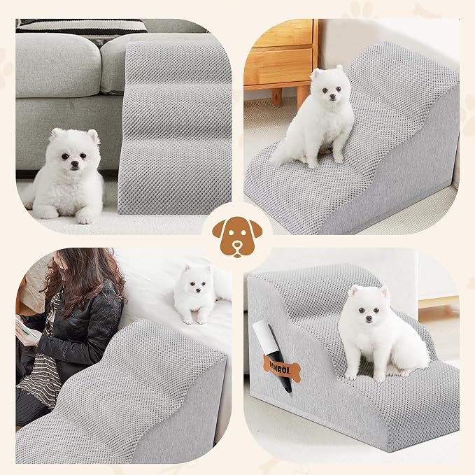 Romrol Dog Stairs Ramp for High Beds Couches, High Density Foam Pet Steps with Durable Non-Slip Waterproof Fabric Cover, Dog Stairs for Small Dogs or Cats or Pets, 3-Step,15 Inch,Light-Grey