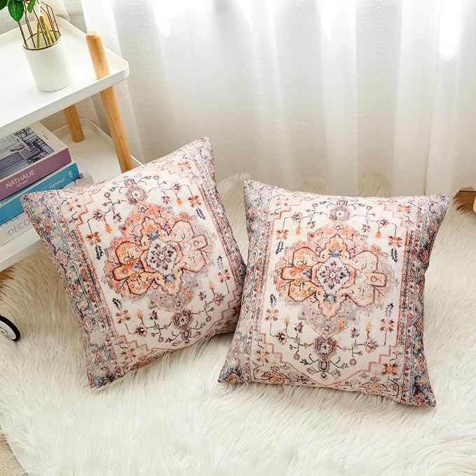Boho Throw Pillow Covers 18x18 inch Set of 2,Boho Vintage Carpet Pattern Antique Ethnic Decor Double Sided Pattern Cushion Cover Soft Pillow Case Living Sofa Room Bed Square Pillow Cover