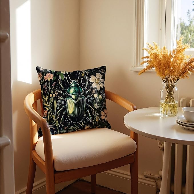 William Morris Inspired Floral Green Beetle Pillow Covers 18x18, Dark Cottagecore Botanical Wildflower Insect Decorative Throw Pillow Covers for Bedroom Living Room Home, Cottagecore Room Decor