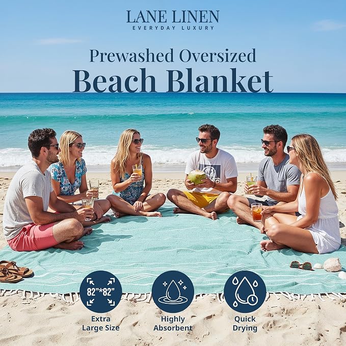 LANE LINEN Beach Towels Oversized - Beach Supplies, Turkish Beach Blanket with Lightweight Sand-Free Feel – 82"x82", Perfect for Poolside Lounging & Park Picnics – Hunter Green