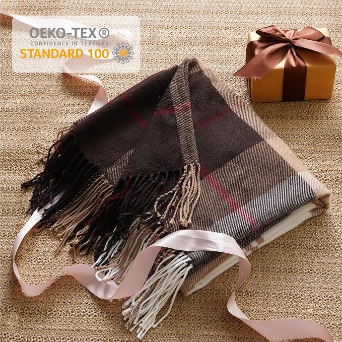 Brown Plaid Throw Blanket for Couch, Fall Buffalo Plaid Blanket 50"x60" | Lightweight Farmhouse Throw Blanket, Rustic Country Blankets, Decorative Woven Throws with Tassels, Ideal for Bed Sofa Men