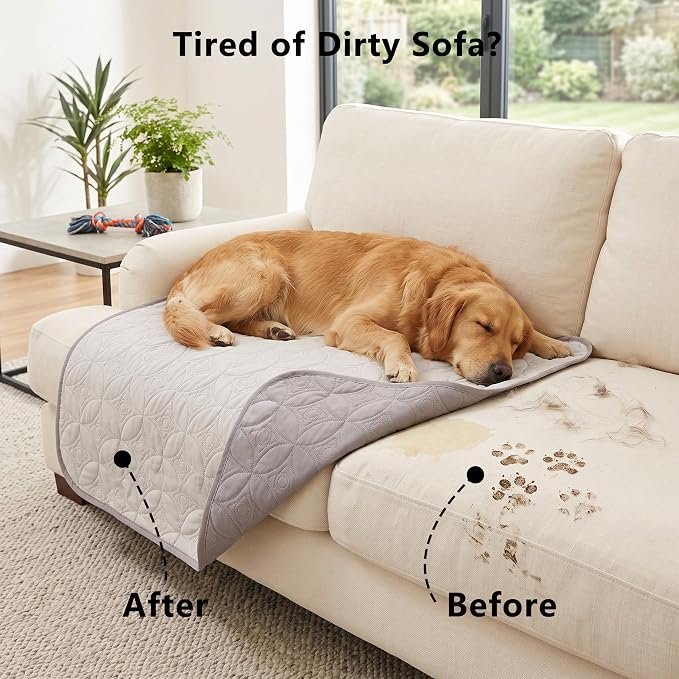 Waterproof Couch Cover for Dogs - Washable Pets Furniture Protector | TPU Leak-Proof Liner, Lightweight & Reversible, Fits Chair, Sofa, Bed, 82" x 120" , Lightgrey/Cream