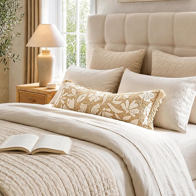 Long Lumbar Pillow Cover 14x36 Indoor Outdoor, Jute Inspired Floral Tufted Accent Oversize Throw Pillowcase for Patio Bed Bedroom, Cover Only