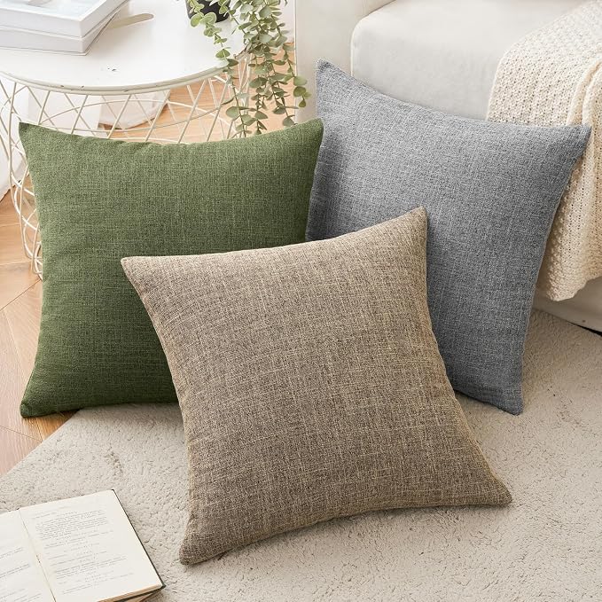 MIULEE Pack of 2 Decorative Linen Burlap Pillow Covers Spring Farmhouse Boho Accent Pillowcases for Sofa Car Couch Bedroom Living Room Decor 18x18 Inch Dark Olive Green