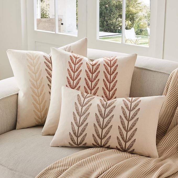 Farmhouse Leaves Lumbar Pillow Covers Set of 2, 12x20in Mixed Beige | 100% Organic Cotton, Rustic Accent Print Pillow Case, Pastoral Decorative Cushion Covers for Sofa Bed Living Room Home Decor