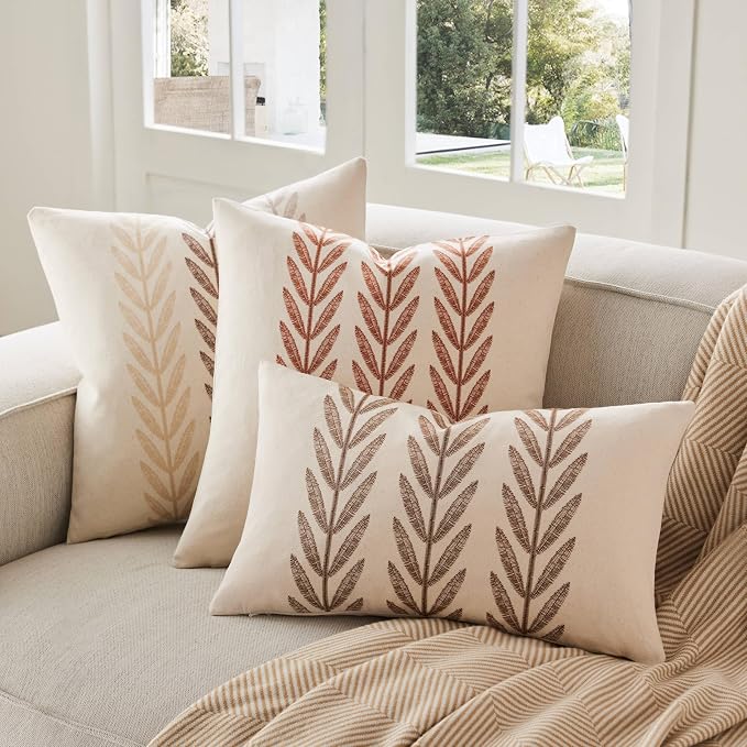 Farmhouse Leaves Throw Pillow Covers Set of 2, 24x24in Mixed Beige | 100% Organic Cotton, Rustic Accent Print Pillow Case, Pastoral Decorative Cushion Covers for Sofa Bed Living Room Home Decor