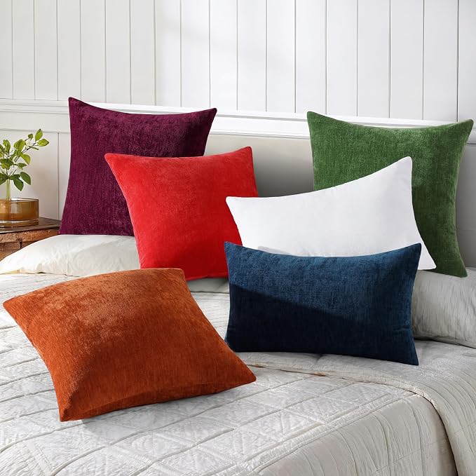 decorUhome Soft Chenille Christmas Green Throw Pillow Covers 22X22 Set of 2 | Decorative Fall Couch Pillow Covers Solid Dyed Accent Modern Euro Sham Farmhouse Neutral Square Pillow Cases for Sofa