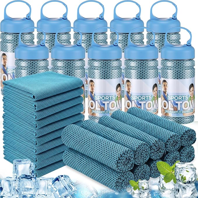 Honoson 20 Pcs Cooling Towels for Neck and Face, 47"x12" Sports Breathable Ice Towels Microfiber Chilly Sweat Rags with Portable Bottle for Gym Golf Athletes Yoga Workout Hot Weather (Light Blue)