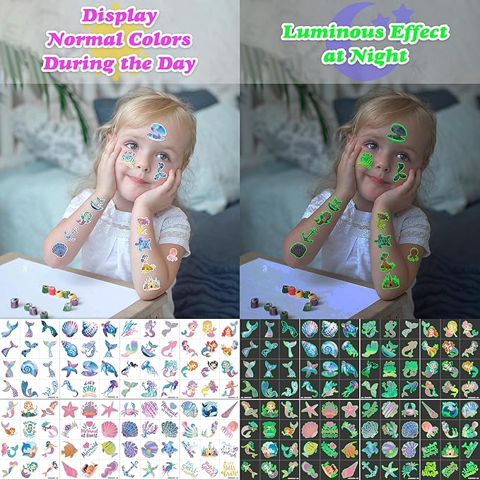 96 PCS Mermaid Ocean Sea Pre-Cut Luminous Glow in the dark Temporary Tattoos for Kids | Super Cute Themed Birthday Party Favors Supplies Decorations, Fake Tattoo Stickers Gifts for Boys Girls Rewards