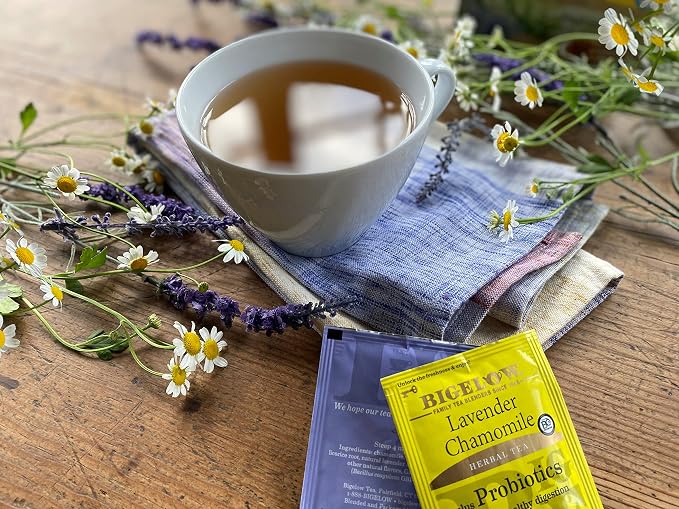 Bigelow Tea Lavender Chamomile Plus Probiotics Herbal Tea, Caffeine Free with Lavender Chamomile, 18 Count Box (Pack of 6), 108 Total Tea Bags