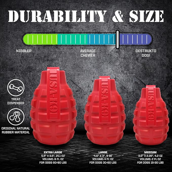 SodaPup USA-K9 Grenade – Durable Dog Treat Dispenser and Chew Toy Made in USA from Non-Toxic, Pet Safe, Food Safe Natural Rubber Material for Mental Stimulation, Problem Chewing, Calming Nerves & More