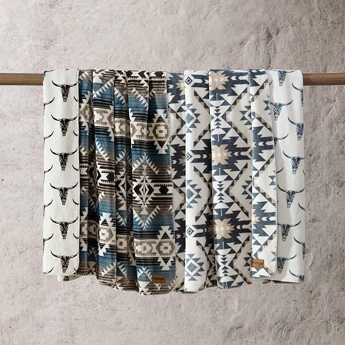 Wrangler - Oversized Fleece Throw Blanket for Couch 60x70, Ultra Soft Reversible Plush Blanket, Americana Decor, Cozy Western Style Throw for Sofa, Bed, Living Room (Jericho Aqua/Brown)