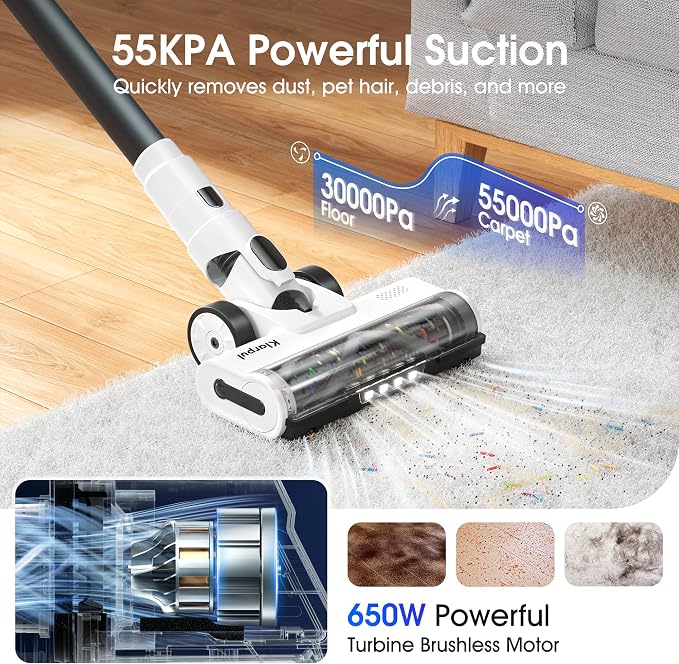 Cordless Vacuum Cleaner, Upgraded 650W 55KPa 70Mins Runtime Stick Vacuum Cordless, Self-Standing Lightweight Vacuum Cleaners for Home with LED Headlight Touch Screen, for Pet Hair/Carpet/Floor