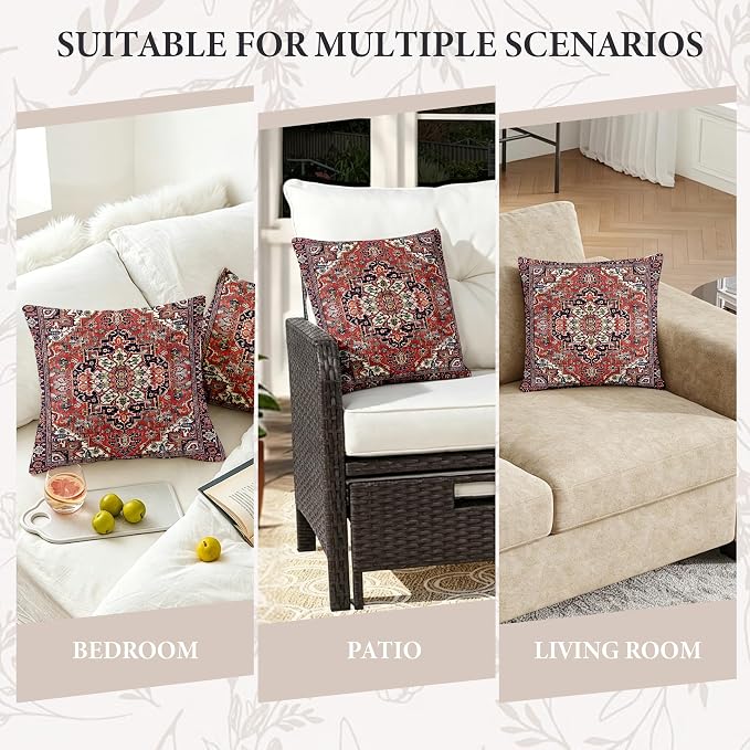 Boho Throw Pillow Covers 18x18 inch Set of 2,Soft Pillowcases Bohemia Carpet Printing Pattern Decorative Sofa Living Room Bed Square Pillow Case Cushion Cover-Red